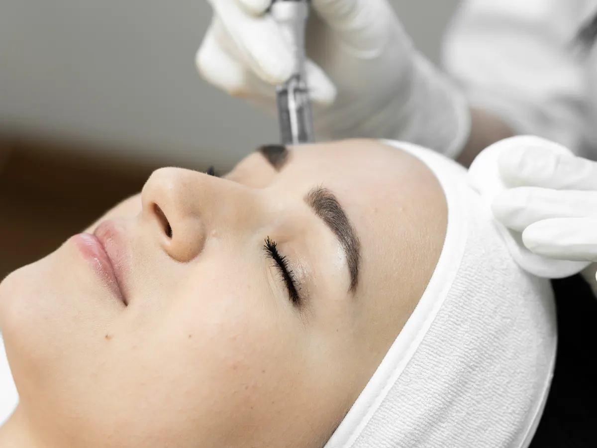 Stock photograph of models: a woman with a headband lies back with her eyes closed while a gloved clinician uses a microneedling pen on her face