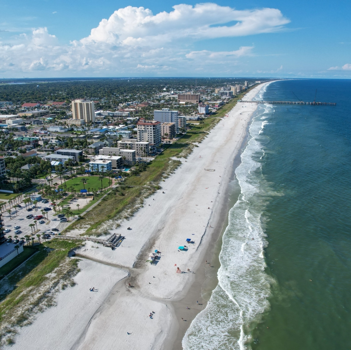 Aerial view of the Jacksonville coastline and beach